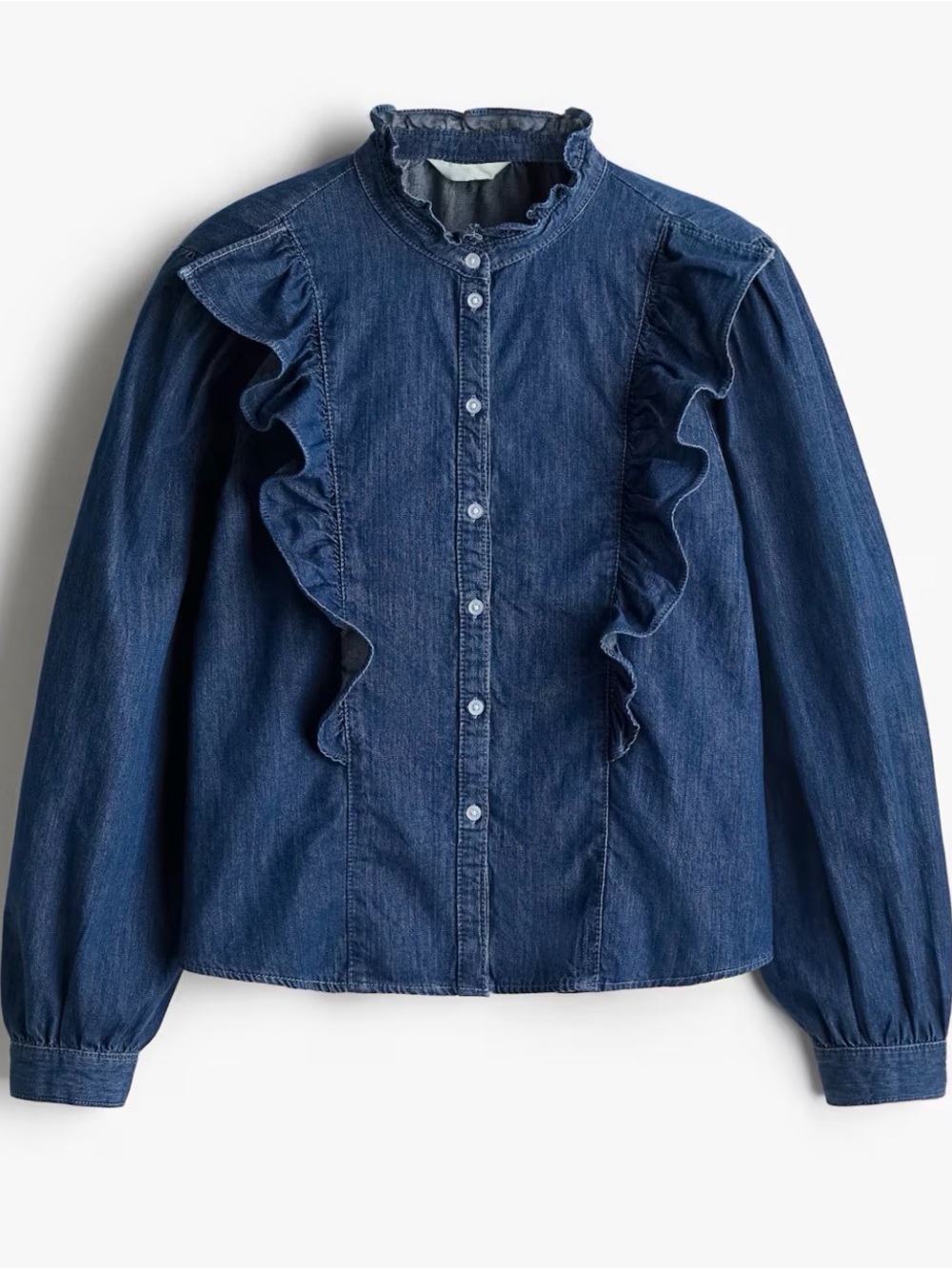 H&M Women's Size M Ruffle Trim Denim Blouse NWT